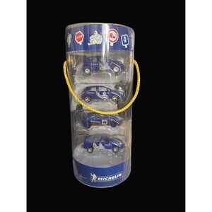 Michelin Man Norev miniatures 3 inches 4 Toy Car Gift Set In Collectors Tube 1:6